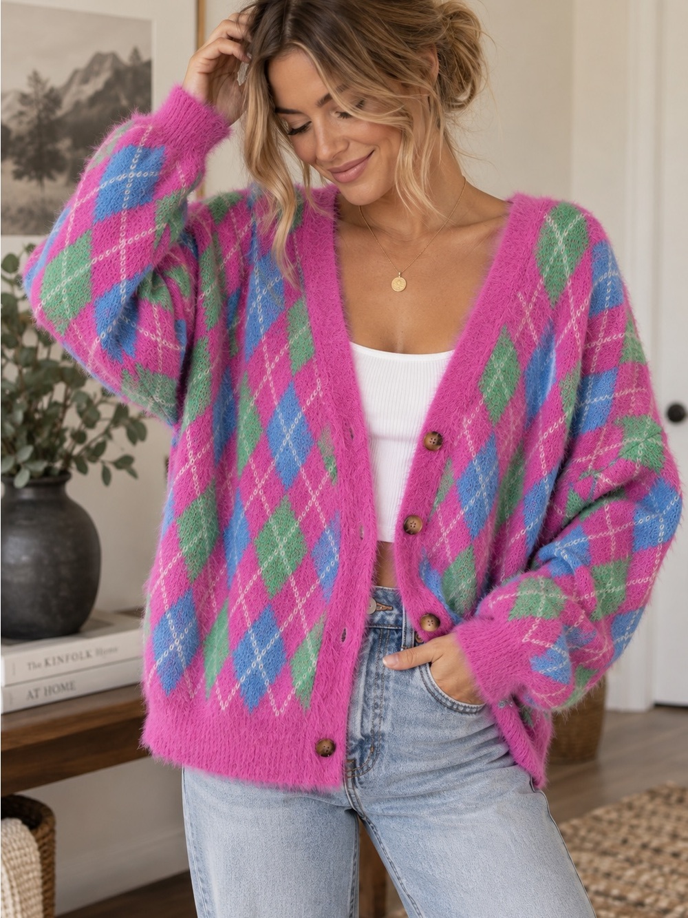 Very J Pink Fuzzy Argyle Cardigan Large Oversized Preppy Grandpa Core Clueless